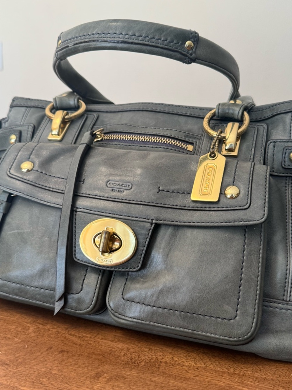 Vintage Coach Hampton Lindsay Satchel Olive Gray Leather Turnlock - Picture 10 of 10